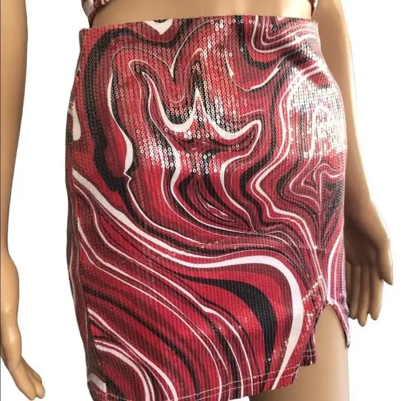 NWT Rue21 Crop Top Mini Skirt Set 2 Piece Set S Red Retro Sequin Halter Mini Y2K - Picture 3 of 10